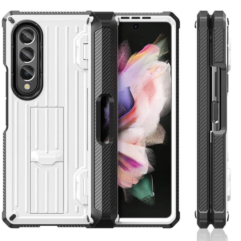 For Samsung Galaxy Z Fold3 5G PC+TPU Phone Case Pen Holder Hinge Phone Kickstand Cover with PET Screen Protector - White