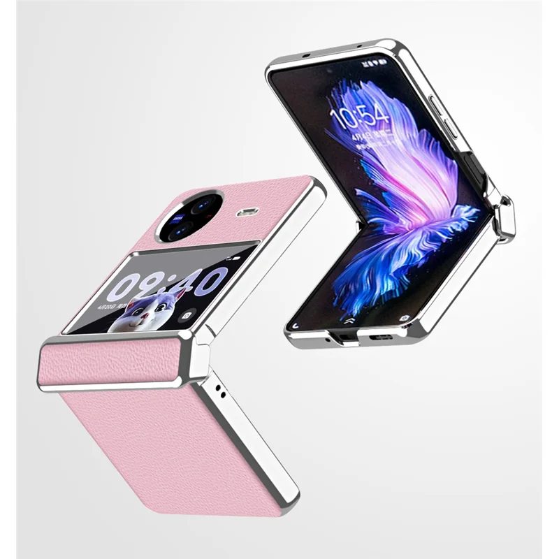 Electroplating Phone Case for vivo X Flip , Litchi Texture PU Leather Coated PC Folding Phone Cover - Pink