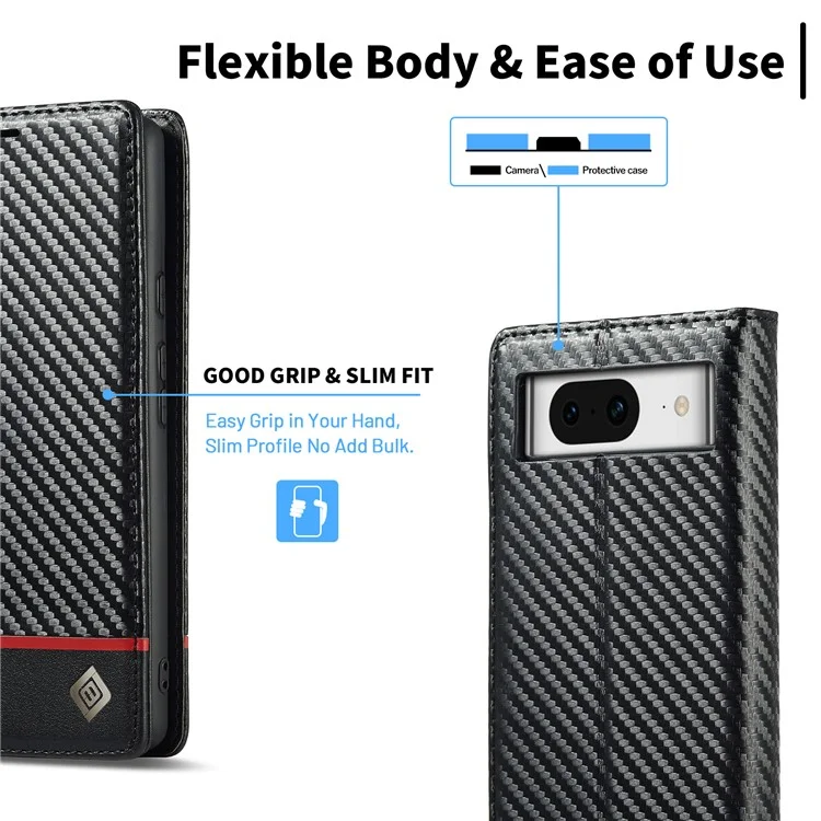 LC.IMEEKE For Google Pixel 8 Wallet Stand Phone Leather Case Carbon Fiber Texture Cover - Horizontal Stripe
