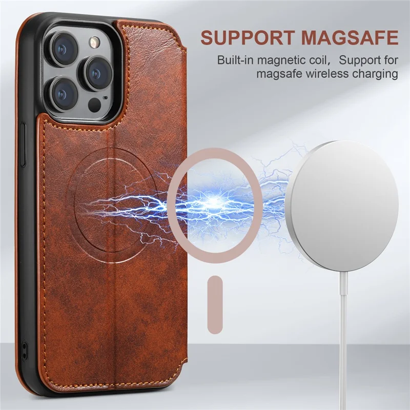 SUTENI J05 For iPhone 14 Pro Max Phone Leather Case Compatible with MagSafe Stand Wallet Cover - Khaki