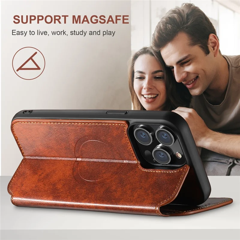 SUTENI J05 For iPhone 14 Pro Max Phone Leather Case Compatible with MagSafe Stand Wallet Cover - Khaki