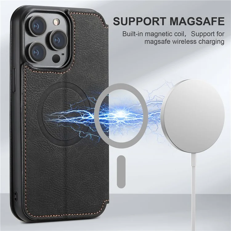 SUTENI J06 For iPhone 14 Pro Max Wallet Case PU Leather Phone Stand Cover Compatible with MagSafe - Black