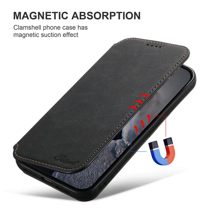 SUTENI J06 For iPhone 14 Pro Max Wallet Case PU Leather Phone Stand Cover Compatible with MagSafe - Black