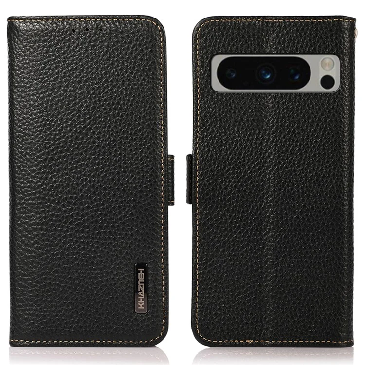 KHAZNEH For Google Pixel 8 Pro RFID Blocking Phone Case Wallet Stand Genuine Cow Leather Cover - Black