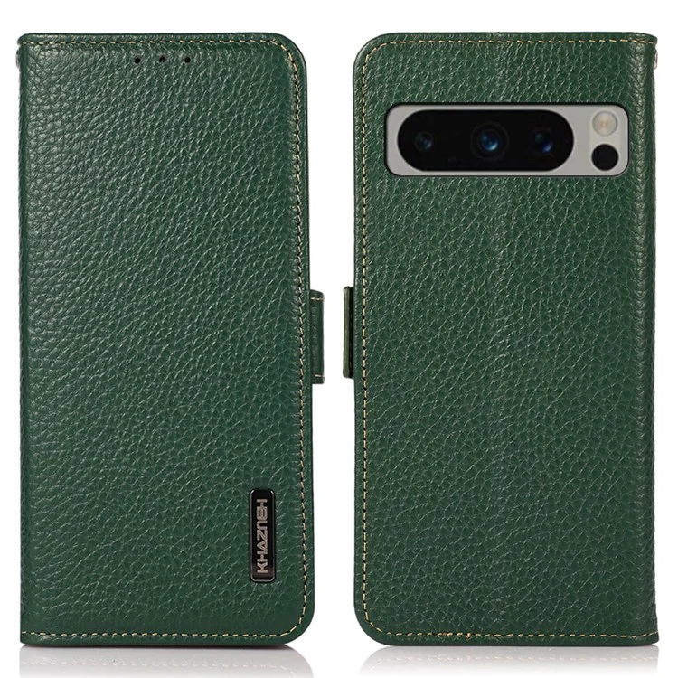 KHAZNEH For Google Pixel 8 Pro RFID Blocking Phone Case Wallet Stand Genuine Cow Leather Cover - Green