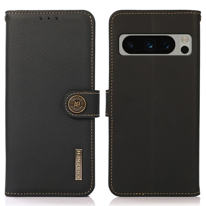 KHAZNEH For Google Pixel 8 Pro Phone Stand Case Wallet RFID Blocking Genuine Cow Leather Phone Cover - Black