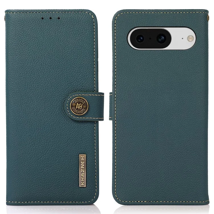 KHAZNEH для Google Pixel 8 RFID Blocking Wallet Case Genuine Cow Leather Stand Protective Phone Cover - Зеленый