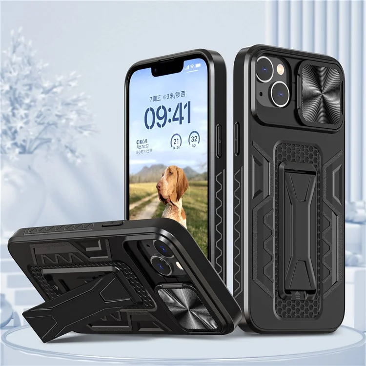 For iPhone 14 Plus Mobile Phone Case Kickstand PC+TPU Phone Protector with Slide Camera Cover