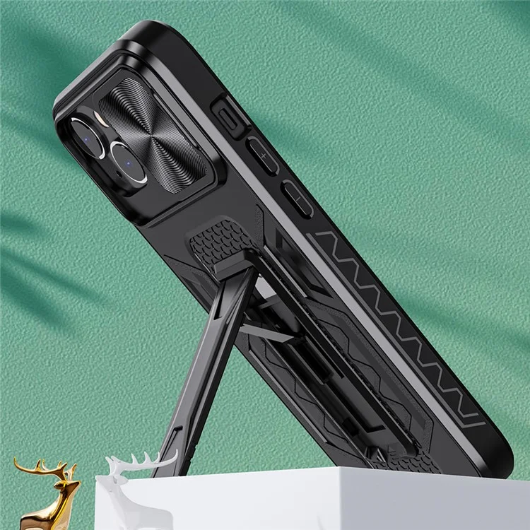 For iPhone 14 Plus Mobile Phone Case Kickstand PC+TPU Phone Protector with Slide Camera Cover