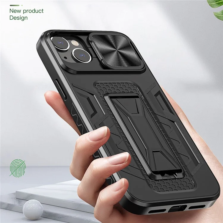 For iPhone 14 Plus Mobile Phone Case Kickstand PC+TPU Phone Protector with Slide Camera Cover