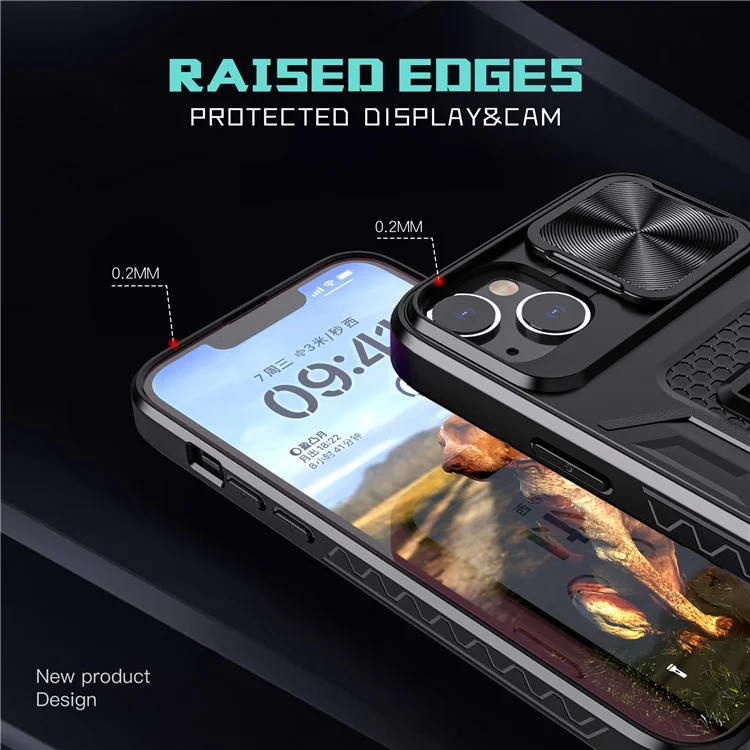 For iPhone 14 Plus Mobile Phone Case Kickstand PC+TPU Phone Protector with Slide Camera Cover