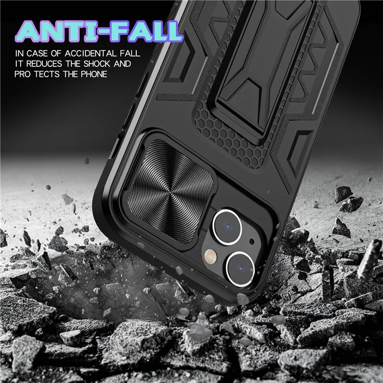 For iPhone 14 Plus Mobile Phone Case Kickstand PC+TPU Phone Protector with Slide Camera Cover