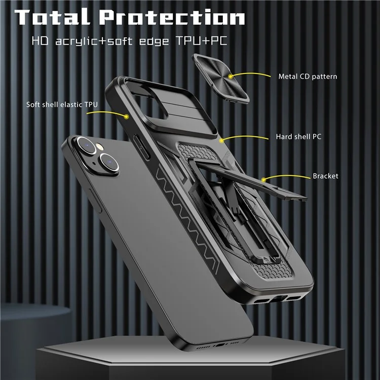 For iPhone 14 Plus Mobile Phone Case Kickstand PC+TPU Phone Protector with Slide Camera Cover