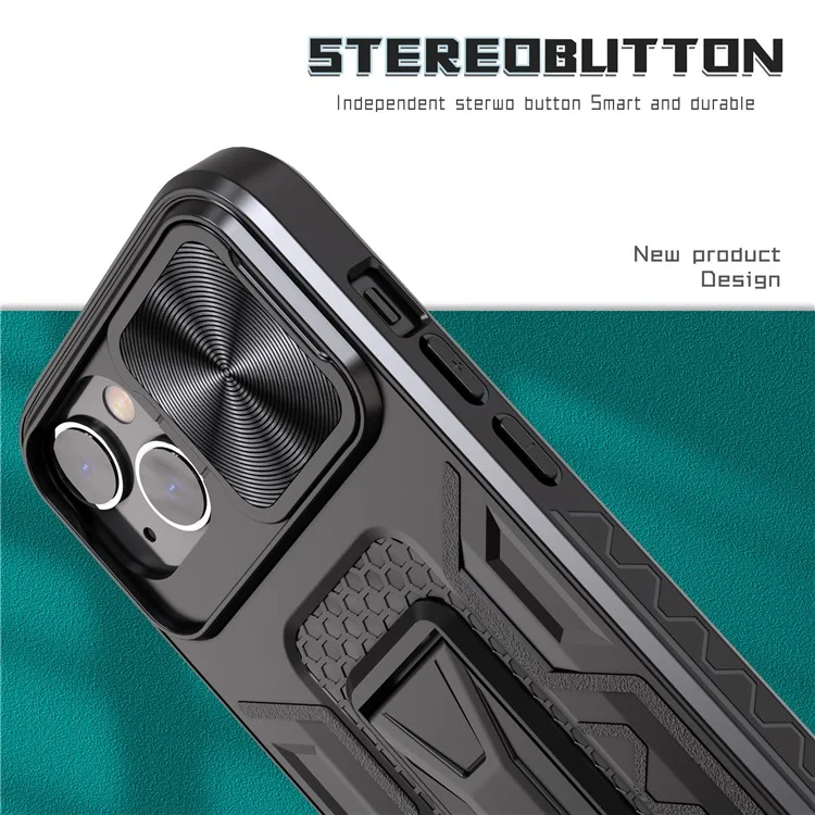 For iPhone 14 Plus Mobile Phone Case Kickstand PC+TPU Phone Protector with Slide Camera Cover