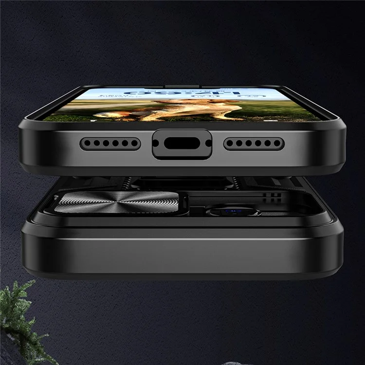 For iPhone 14 Plus Mobile Phone Case Kickstand PC+TPU Phone Protector with Slide Camera Cover