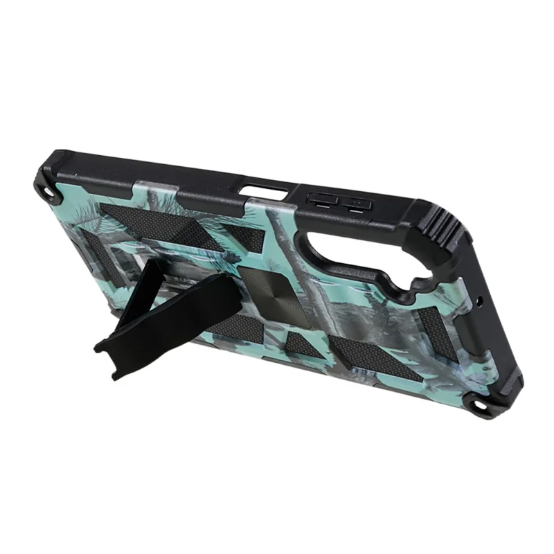 For Samsung Galaxy A24 4G (162.1 x 77.6 x 8.3mm) PC+TPU Phone Case Camouflage Kickstand Cell Phone Cover - Light Green