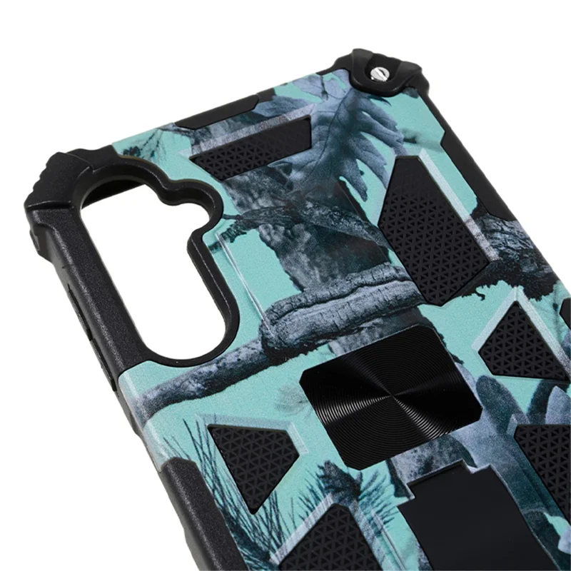 For Samsung Galaxy A24 4G (162.1 x 77.6 x 8.3mm) PC+TPU Phone Case Camouflage Kickstand Cell Phone Cover - Light Green