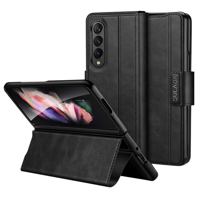 SULADA For Samsung Galaxy Z Fold3 5G PU Leather Folio Case Magnetic Clasp Stand Phone Cover - Black