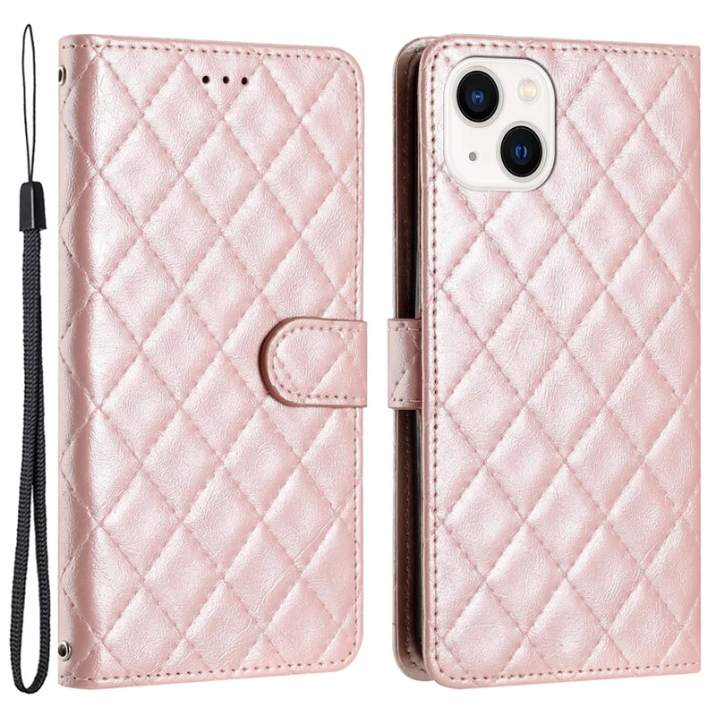Phone Cover for iPhone 14 Plus , TPU+PU Leather Wallet Shell Flip Stand Stitching Line Rhombus Texture Phone Case - Rose Gold