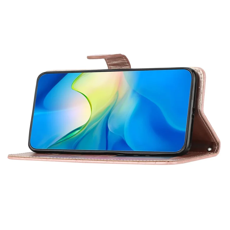 Phone Cover for iPhone 14 Plus , TPU+PU Leather Wallet Shell Flip Stand Stitching Line Rhombus Texture Phone Case - Rose Gold