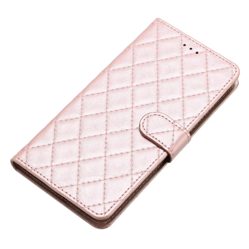 Phone Cover for iPhone 14 Plus , TPU+PU Leather Wallet Shell Flip Stand Stitching Line Rhombus Texture Phone Case - Rose Gold