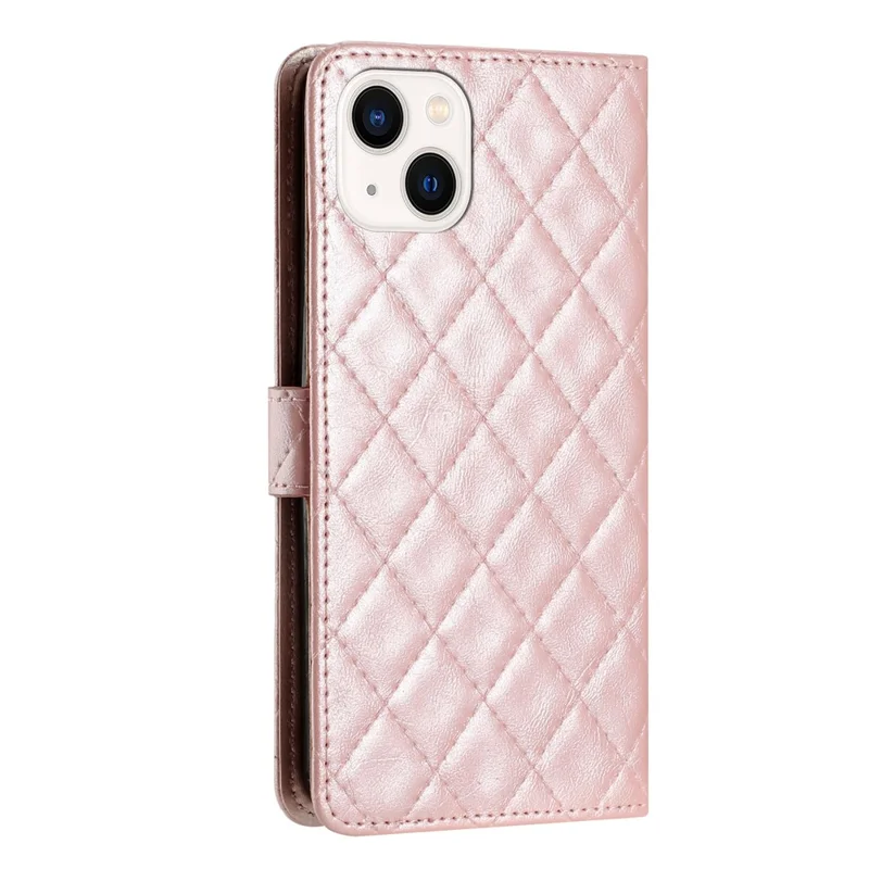 Phone Cover for iPhone 14 Plus , TPU+PU Leather Wallet Shell Flip Stand Stitching Line Rhombus Texture Phone Case - Rose Gold