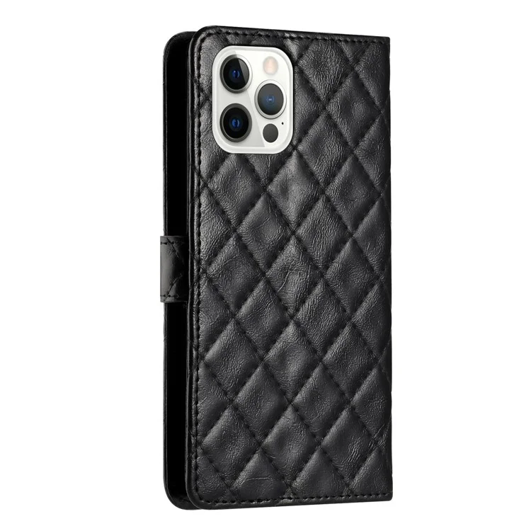 For iPhone 12 Pro Max 6.7 inch Stitching Line Rhombus Texture PU Leather Phone Cover Wallet Shell Stand Phone Case - Black