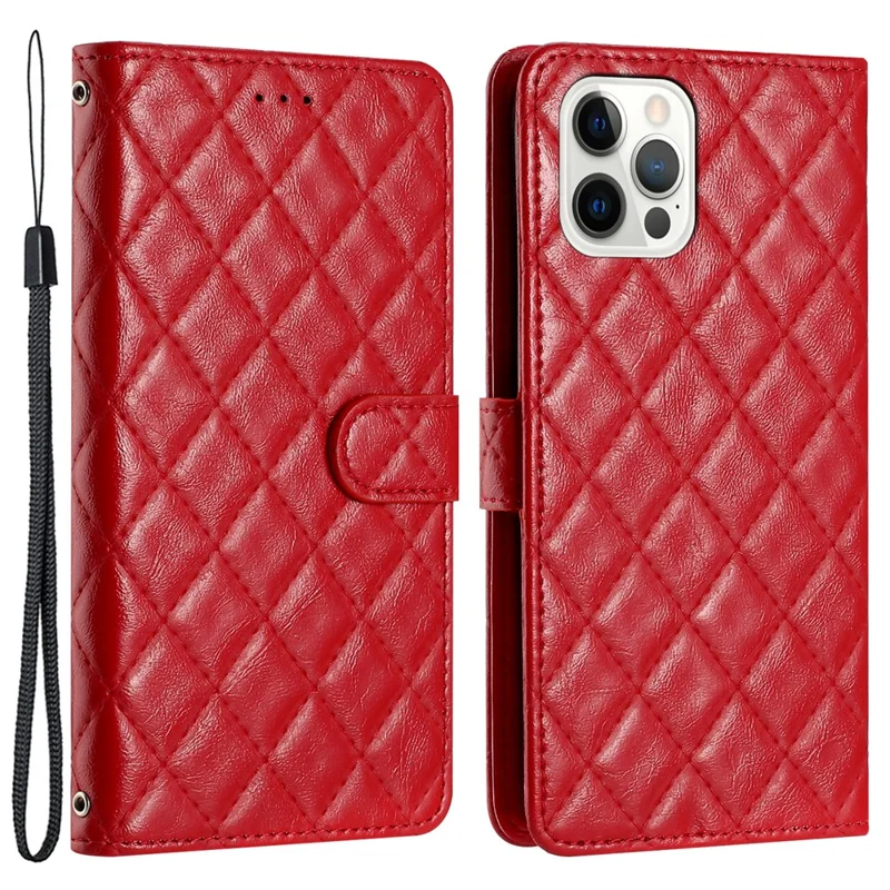For iPhone 12 Pro Max 6.7 inch Stitching Line Rhombus Texture PU Leather Phone Cover Wallet Shell Stand Phone Case - Red
