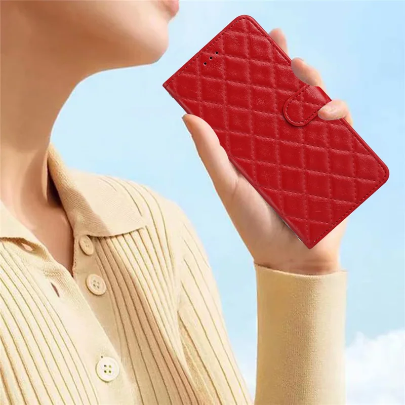 For iPhone 12 Pro Max 6.7 inch Stitching Line Rhombus Texture PU Leather Phone Cover Wallet Shell Stand Phone Case - Red