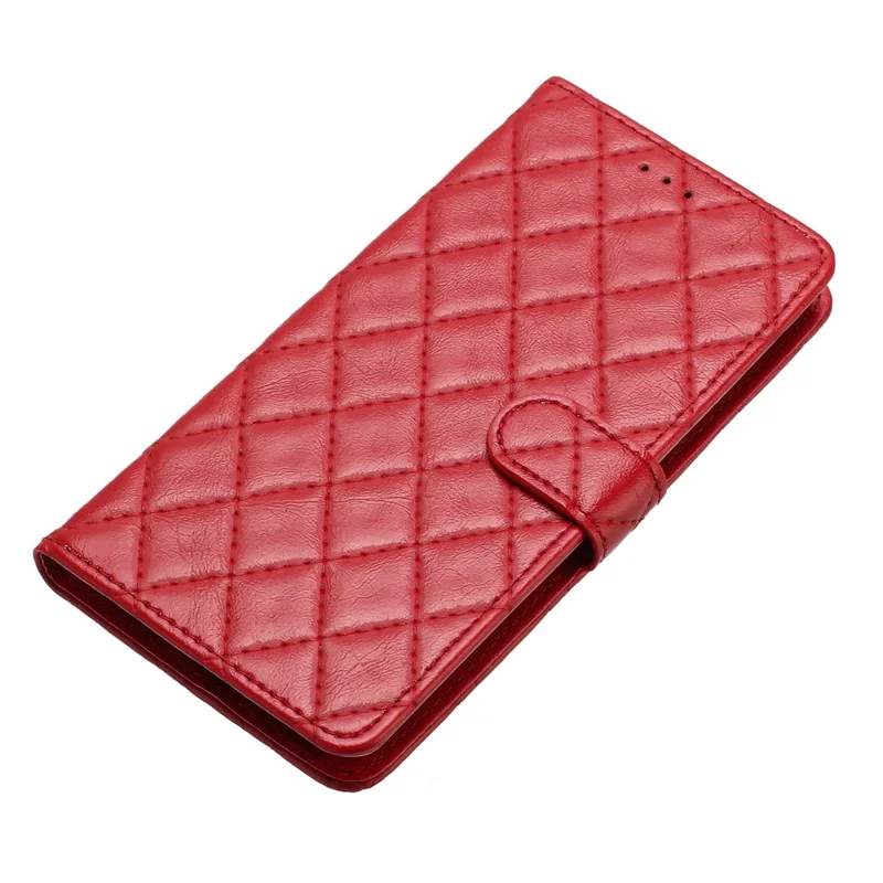 For iPhone 14 Pro Shockproof Wallet Phone Shell Cover Stand Stitching Line Rhombus Texture Phone Case - Red
