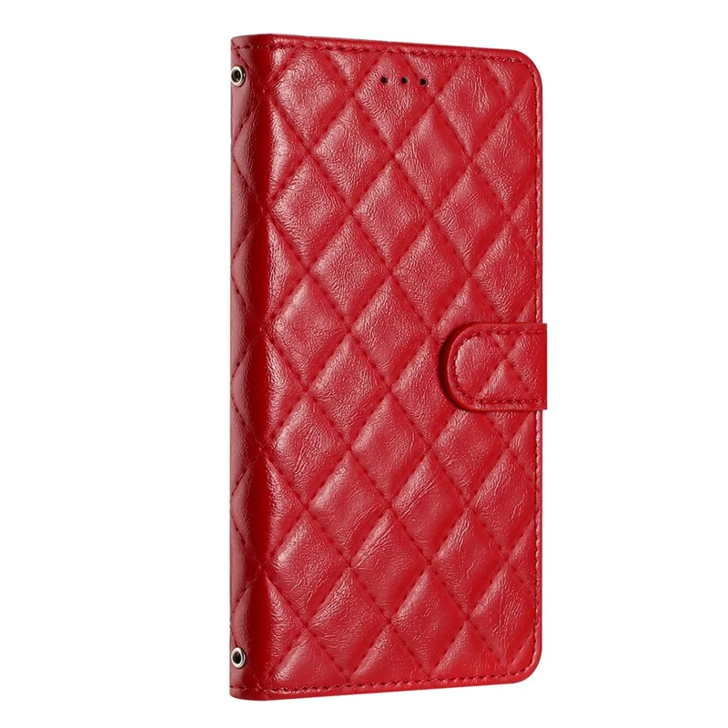 For iPhone 14 Pro Shockproof Wallet Phone Shell Cover Stand Stitching Line Rhombus Texture Phone Case - Red