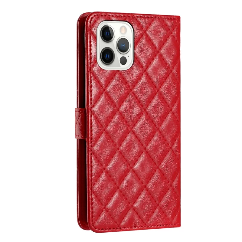 For iPhone 14 Pro Shockproof Wallet Phone Shell Cover Stand Stitching Line Rhombus Texture Phone Case - Red