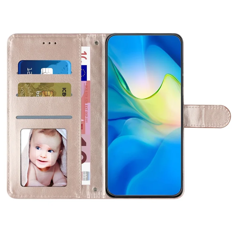 For iPhone 14 Pro Shockproof Wallet Phone Shell Cover Stand Stitching Line Rhombus Texture Phone Case - Rose Gold