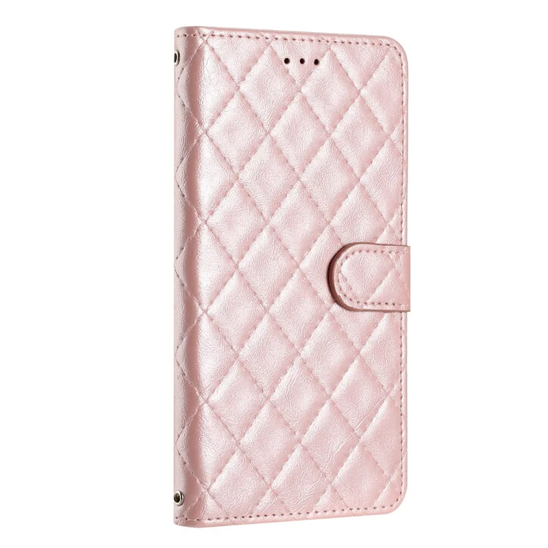 For iPhone 14 Pro Shockproof Wallet Phone Shell Cover Stand Stitching Line Rhombus Texture Phone Case - Rose Gold