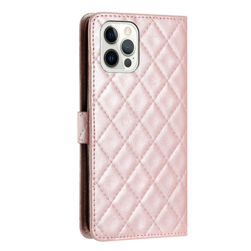 For iPhone 14 Pro Shockproof Wallet Phone Shell Cover Stand Stitching Line Rhombus Texture Phone Case - Rose Gold