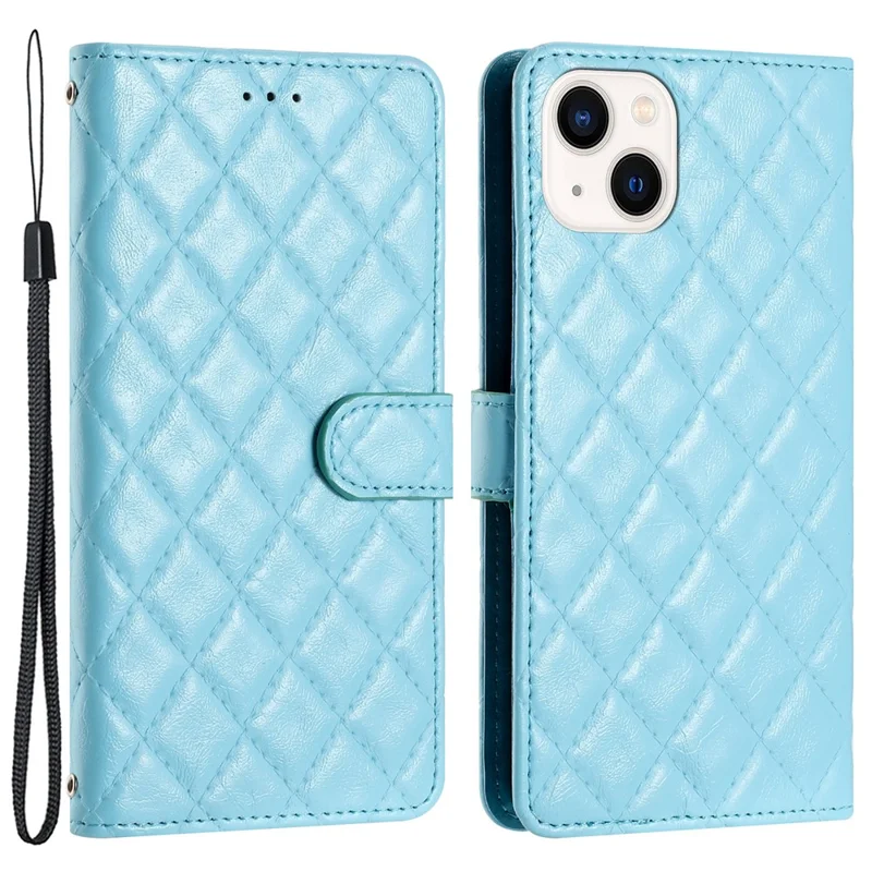 TPU+PU Leather Phone Cover for iPhone 13 , Wallet Shell Flip Stand Stitching Line Rhombus Texture Phone Case - Sky Blue