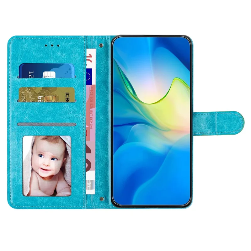 TPU+PU Leather Phone Cover for iPhone 13 , Wallet Shell Flip Stand Stitching Line Rhombus Texture Phone Case - Sky Blue