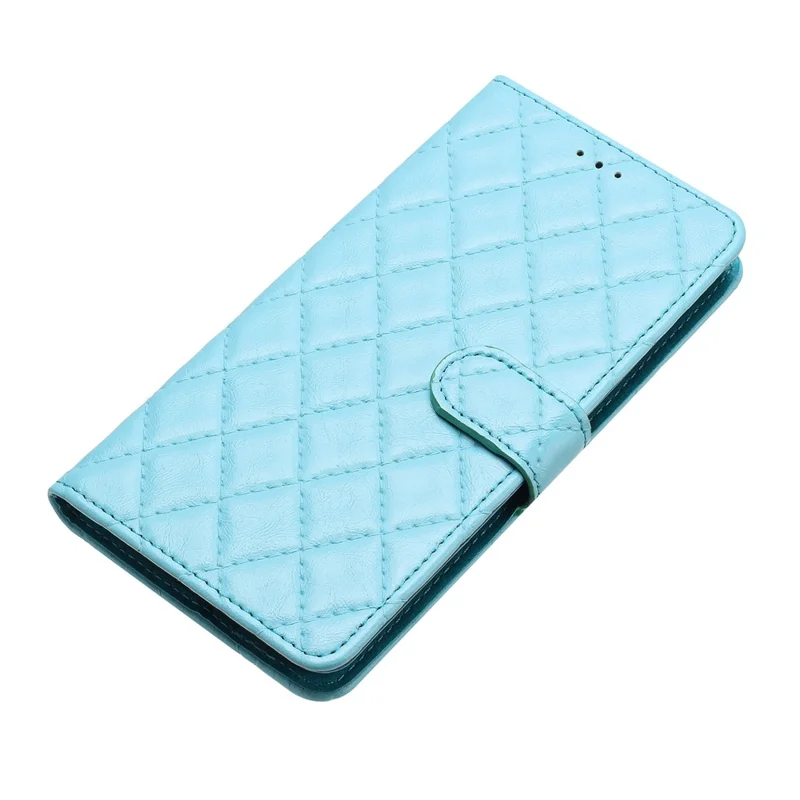 TPU+PU Leather Phone Cover for iPhone 13 , Wallet Shell Flip Stand Stitching Line Rhombus Texture Phone Case - Sky Blue