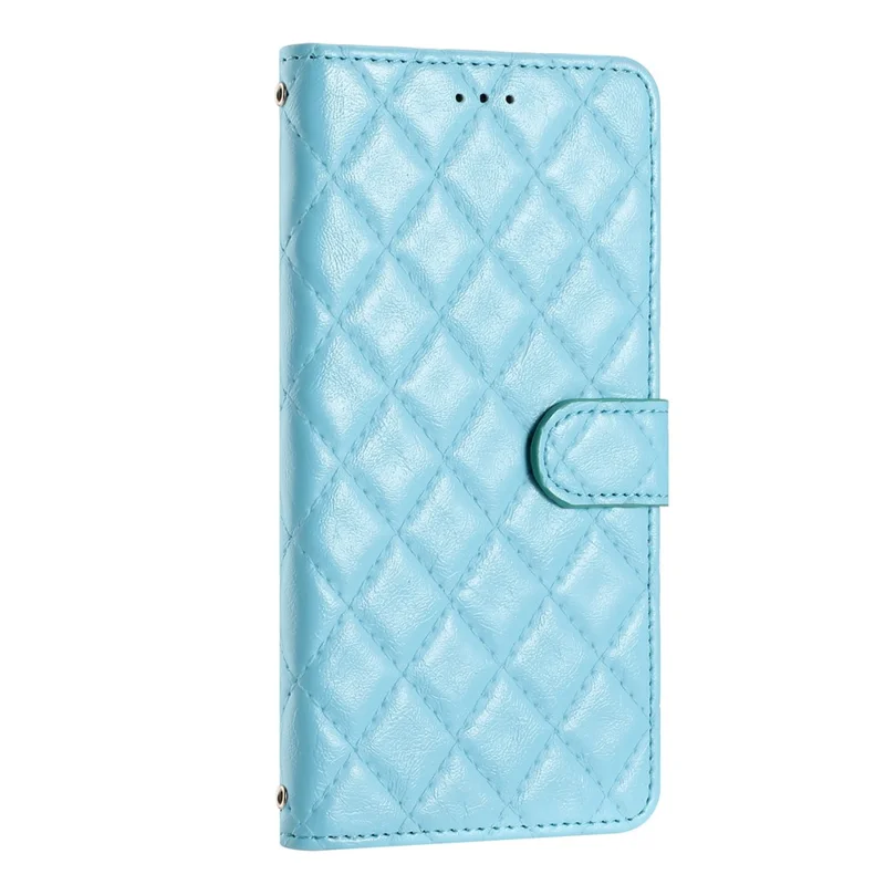 TPU+PU Leather Phone Cover for iPhone 13 , Wallet Shell Flip Stand Stitching Line Rhombus Texture Phone Case - Sky Blue