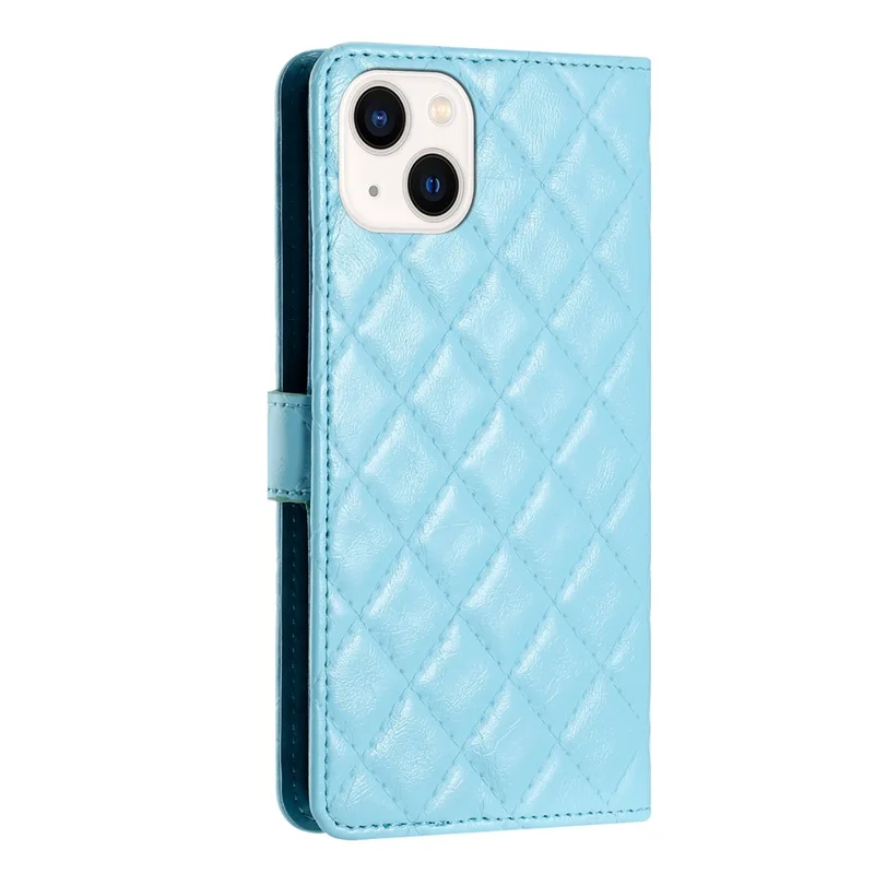 TPU+PU Leather Phone Cover for iPhone 13 , Wallet Shell Flip Stand Stitching Line Rhombus Texture Phone Case - Sky Blue