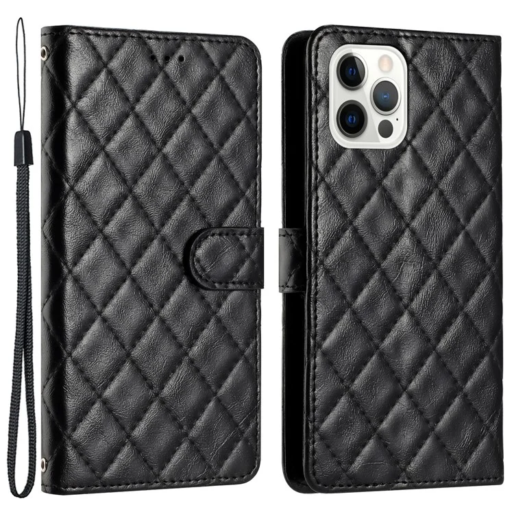 For iPhone 14 Pro Max Wallet Phone Case TPU+PU Leather Shell Flip Stand Stitching Line Rhombus Texture Phone Cover - Black