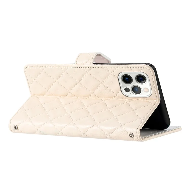 Funda de teléfono con cartera para iPhone 14 Pro Max, de TPU+PU Leather, con tapa, soporte y textura de rombos - Blanco