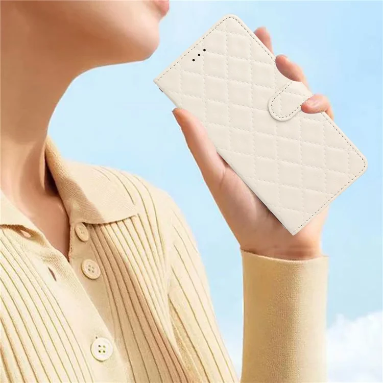 Funda de teléfono con cartera para iPhone 14 Pro Max, de TPU+PU Leather, con tapa, soporte y textura de rombos - Blanco