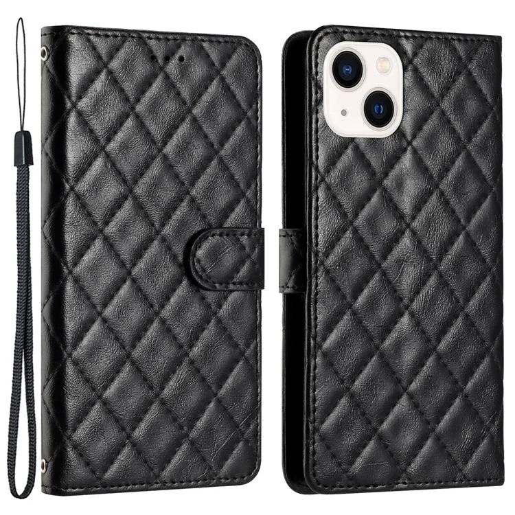 For iPhone 14 Phone Cover Dustproof Wallet Shell Stand Stitching Line Rhombus Texture PU Leather Phone Case - Black