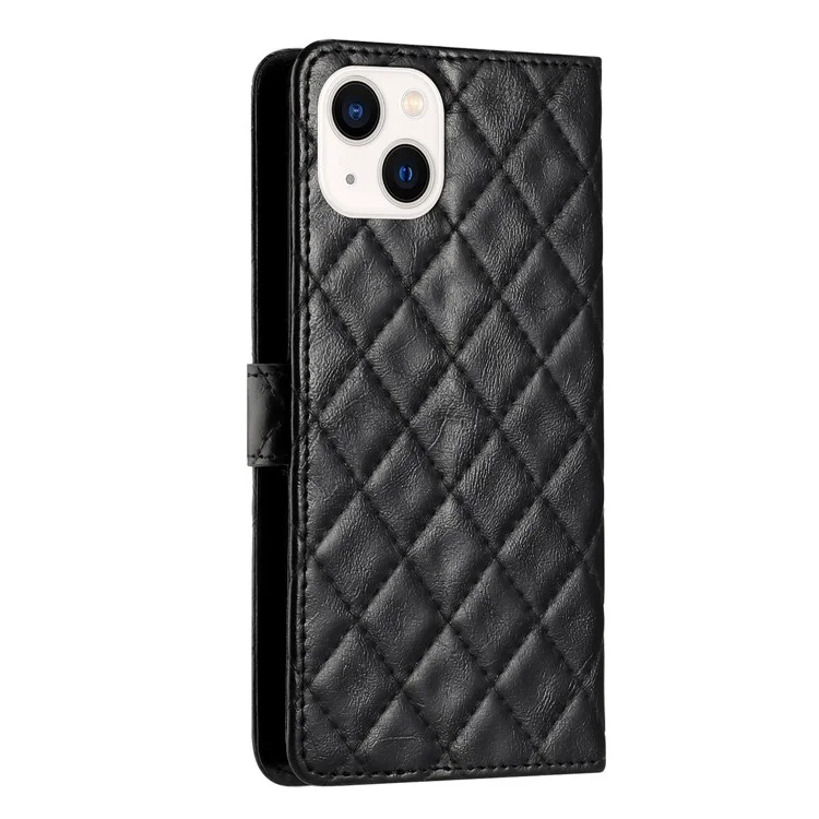 For iPhone 14 Phone Cover Dustproof Wallet Shell Stand Stitching Line Rhombus Texture PU Leather Phone Case - Black