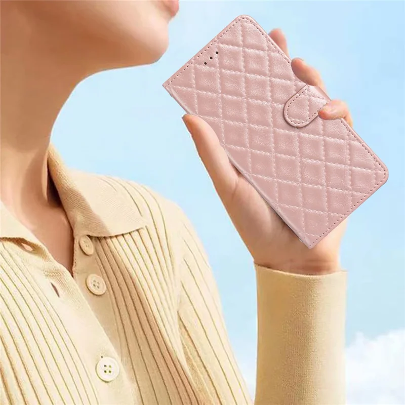 For iPhone 12 / 12 Pro PU Leather Phone Cover Wallet Stand Stitching Line Rhombus Texture Phone Case - Rose Gold