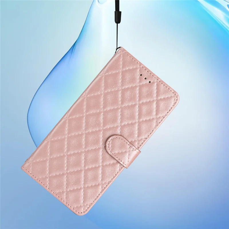 For iPhone 12 / 12 Pro PU Leather Phone Cover Wallet Stand Stitching Line Rhombus Texture Phone Case - Rose Gold