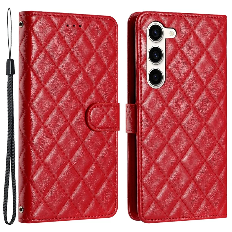 For Samsung Galaxy S23+ Anti-Scratch Flip Stand PU Leather Wallet Shell Stitching Line Rhombus Texture Phone Case - Red