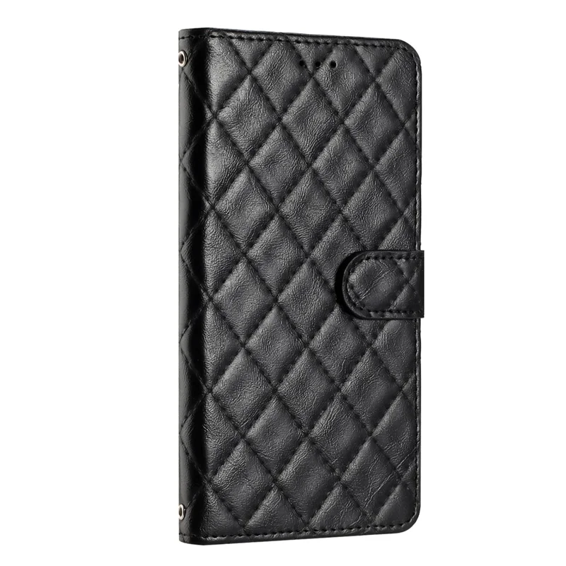For Samsung Galaxy S23 Wrist Strap Phone Case Stitching Line Rhombus Wallet Stand Cell Phone Cover - Black