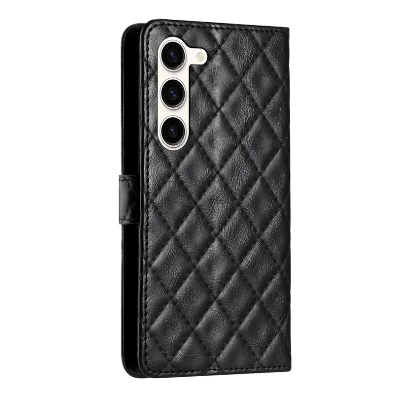 For Samsung Galaxy S23 Wrist Strap Phone Case Stitching Line Rhombus Wallet Stand Cell Phone Cover - Black